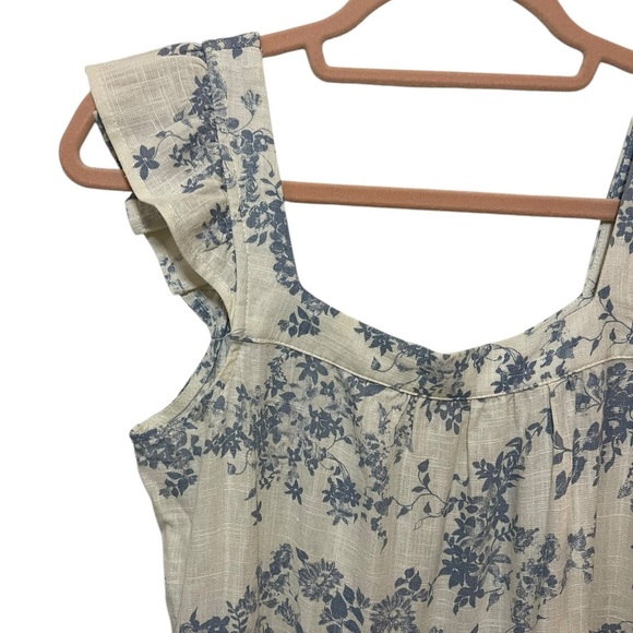 Linen coquette mini dress blue white romantic flutter sleeve small - Picture 3 of 9